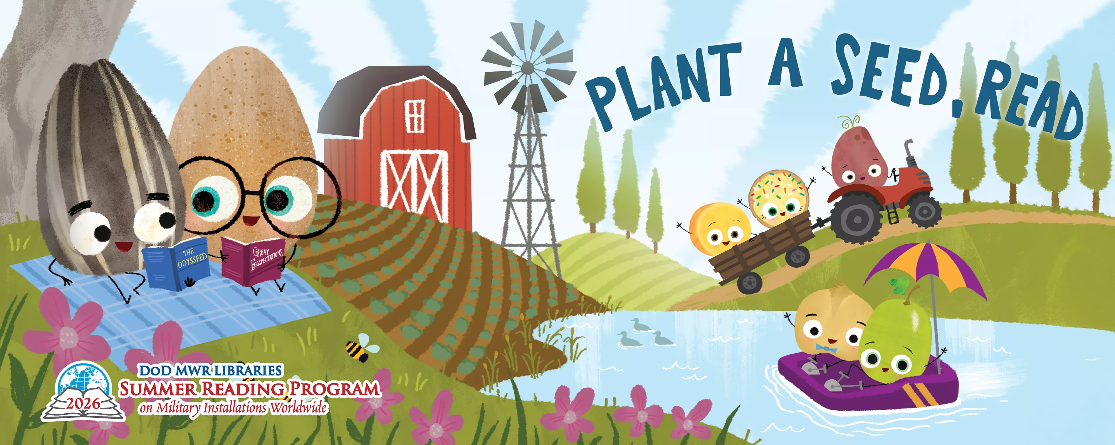 Fictional characters, the Good Egg and the Bad Seed, read together on a farm.